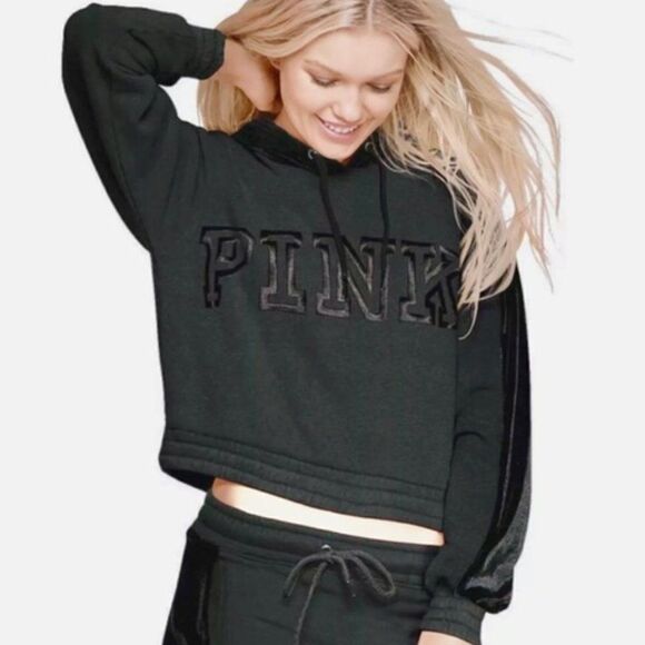 PINK Victoria's Secret Black Cropped Velvet Insert Sweater Hoodie in Size S - Picture 1 of 5